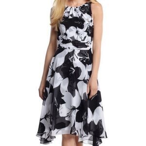 WHBM White & Black Tropical Hibiscus Petal Flare Skirt Elegant Midi Dress 0